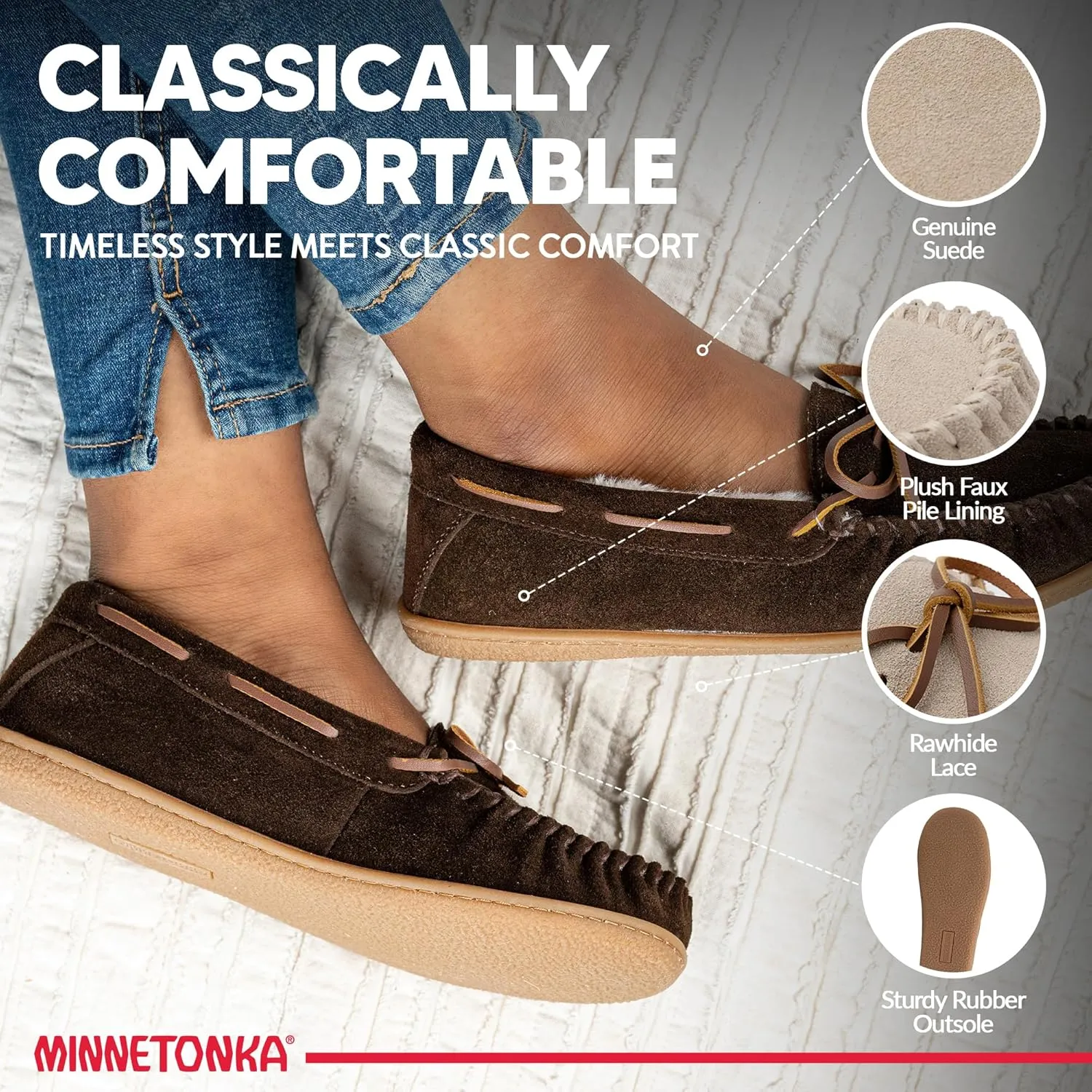 Minnetonka Women’s Camp Tie Moc — Cozy, Suede Moccasin Slippers for Women with Plush Pile Lining, Cushioned Footbed, and Durable Sole for Indoor & Outdoor Comfort