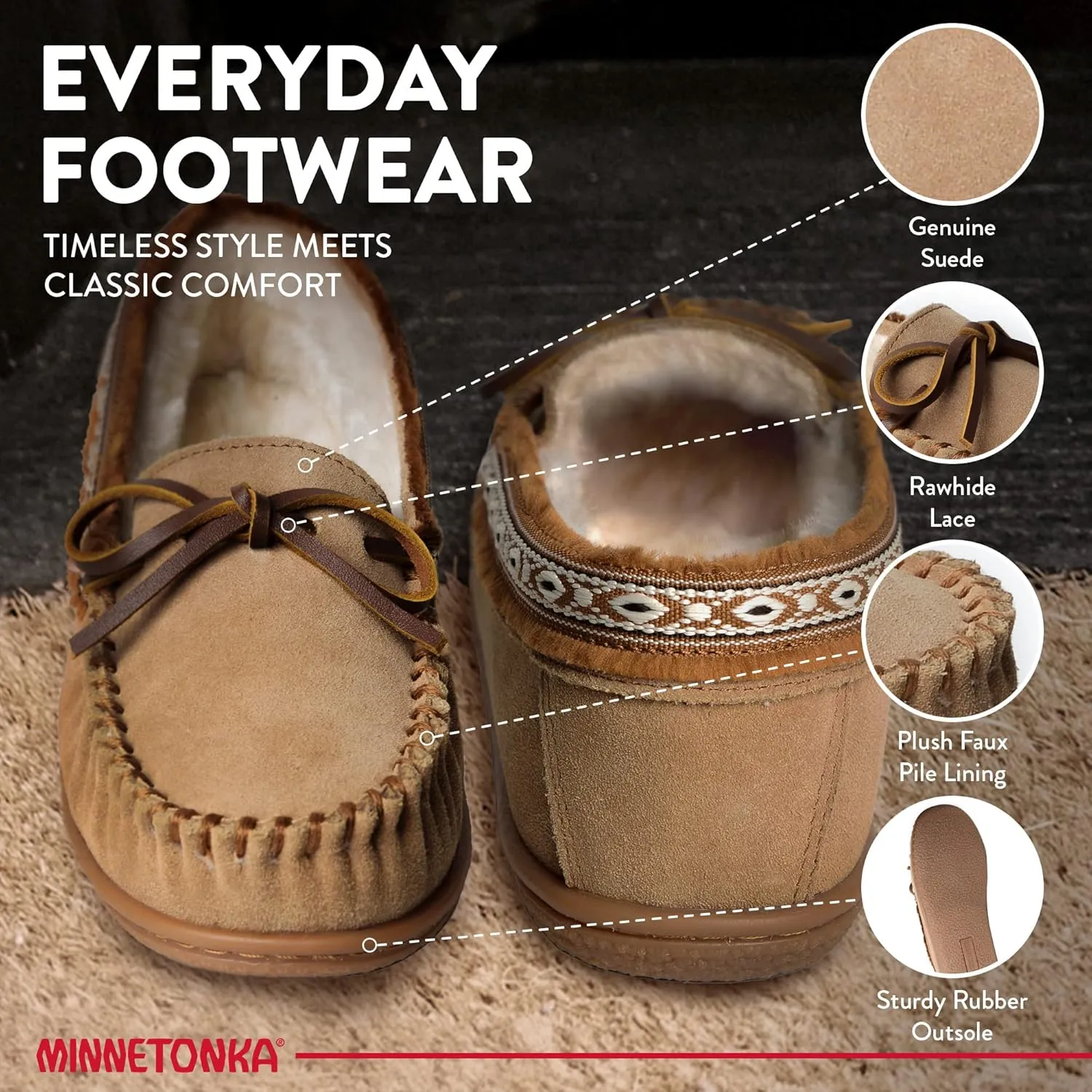 Minnetonka Women’s Camp Tie Moc — Cozy, Suede Moccasin Slippers for Women with Plush Pile Lining, Cushioned Footbed, and Durable Sole for Indoor & Outdoor Comfort