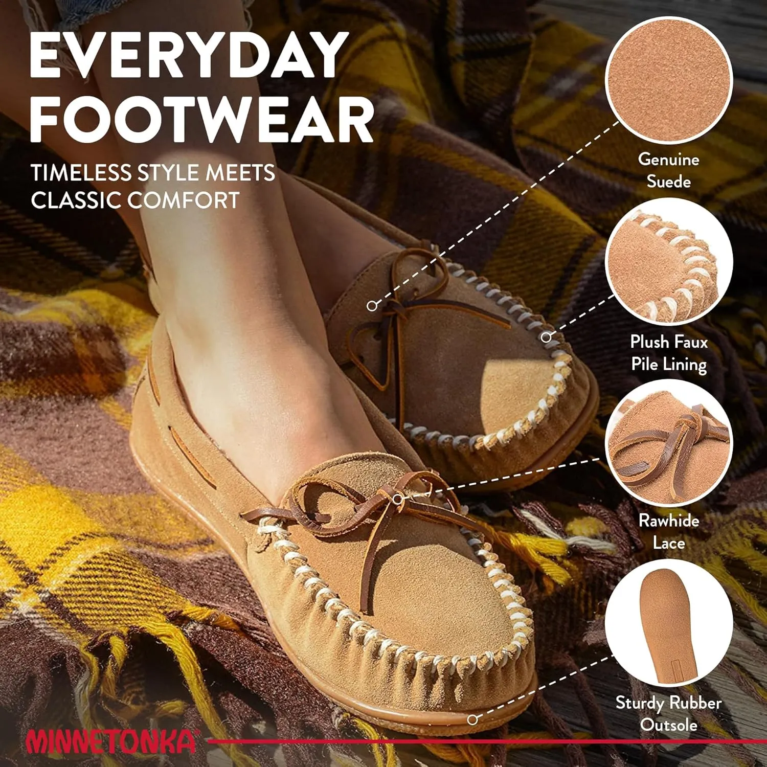 Minnetonka Women’s Camp Tie Moc — Cozy, Suede Moccasin Slippers for Women with Plush Pile Lining, Cushioned Footbed, and Durable Sole for Indoor & Outdoor Comfort