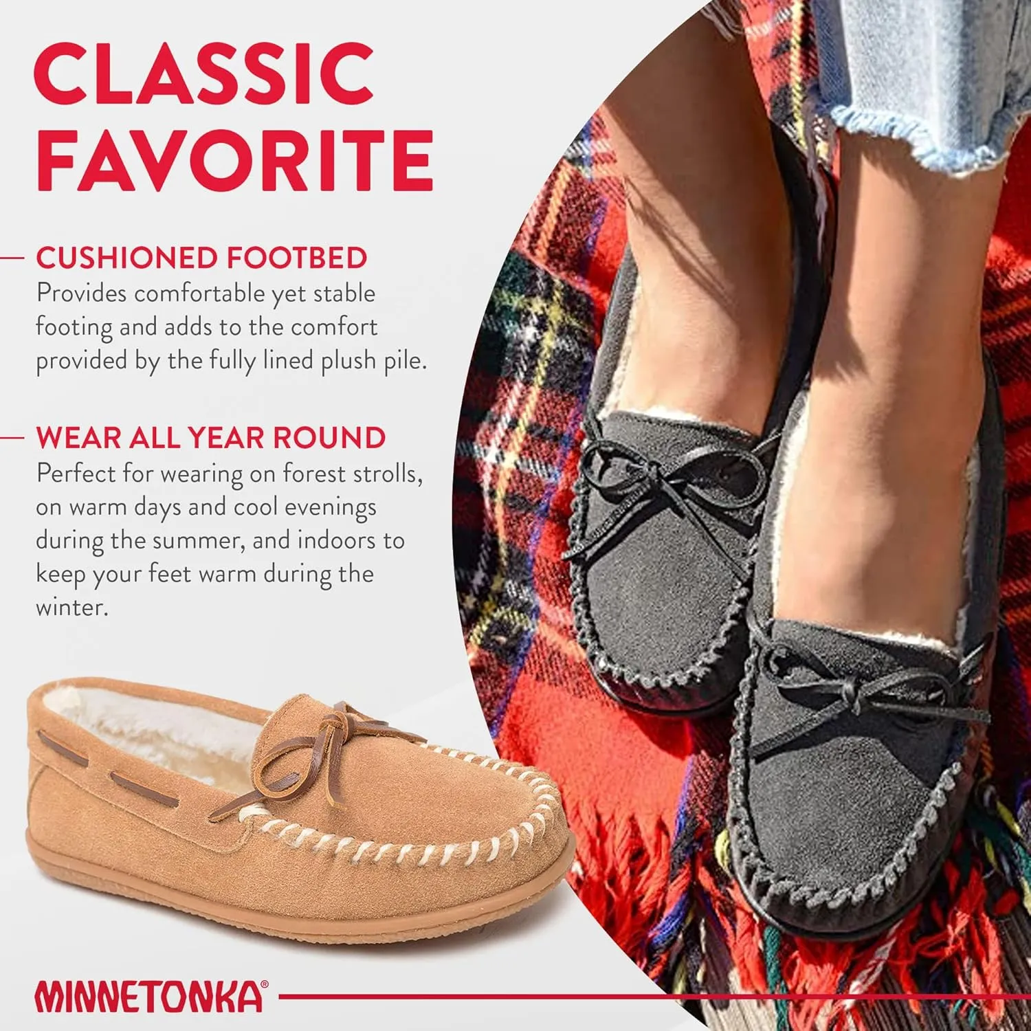 Minnetonka Women’s Camp Tie Moc — Cozy, Suede Moccasin Slippers for Women with Plush Pile Lining, Cushioned Footbed, and Durable Sole for Indoor & Outdoor Comfort
