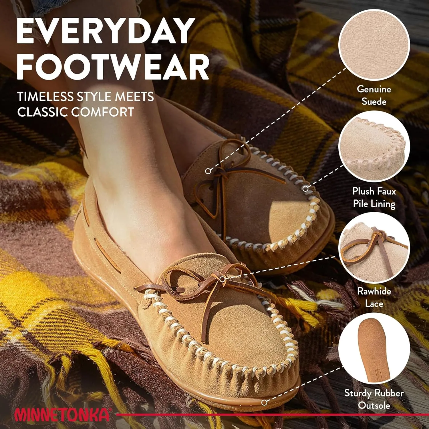 Minnetonka Women’s Camp Tie Moc — Cozy, Suede Moccasin Slippers for Women with Plush Pile Lining, Cushioned Footbed, and Durable Sole for Indoor & Outdoor Comfort