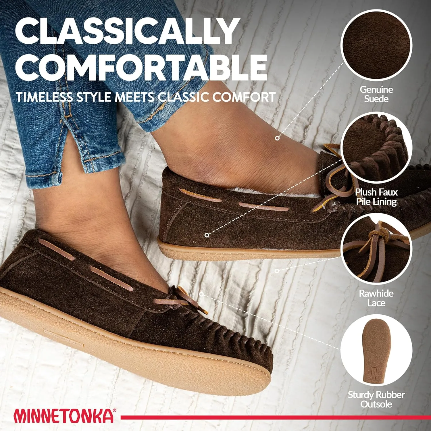 Minnetonka Women’s Camp Tie Moc — Cozy, Suede Moccasin Slippers for Women with Plush Pile Lining, Cushioned Footbed, and Durable Sole for Indoor & Outdoor Comfort