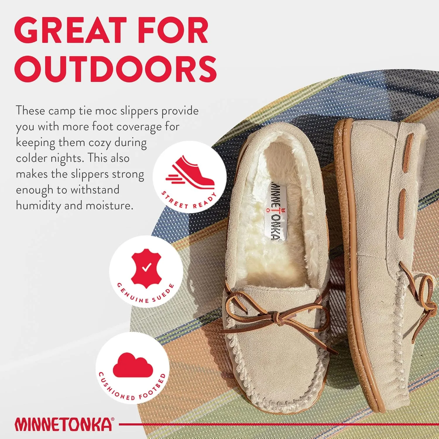 Minnetonka Women’s Camp Tie Moc — Cozy, Suede Moccasin Slippers for Women with Plush Pile Lining, Cushioned Footbed, and Durable Sole for Indoor & Outdoor Comfort