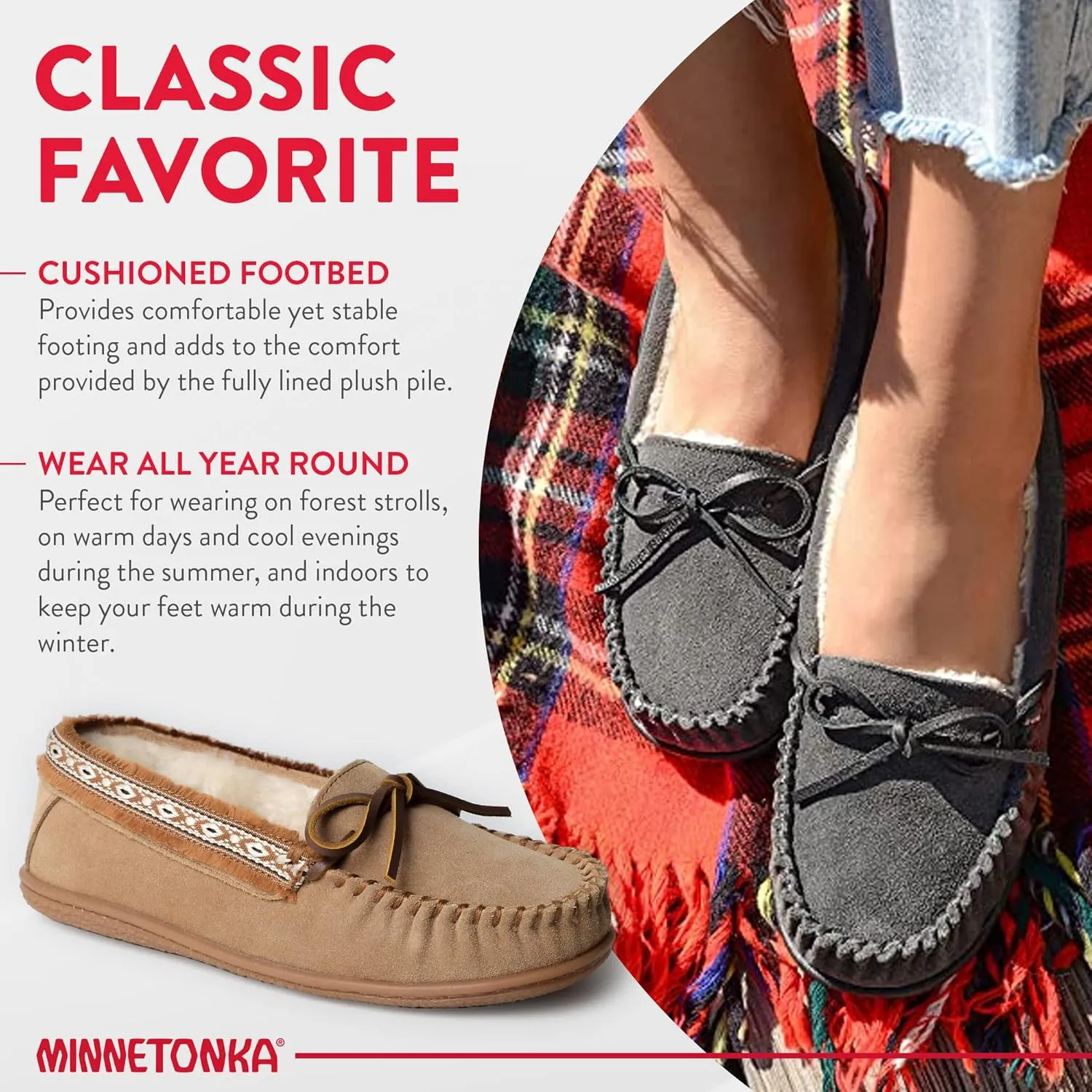 Minnetonka Women’s Camp Tie Moc — Cozy, Suede Moccasin Slippers for Women with Plush Pile Lining, Cushioned Footbed, and Durable Sole for Indoor & Outdoor Comfort