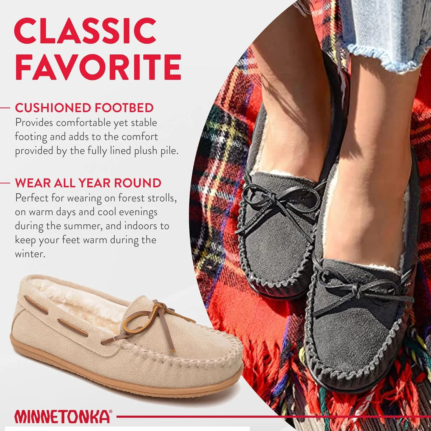 Minnetonka Women’s Camp Tie Moc — Cozy, Suede Moccasin Slippers for Women with Plush Pile Lining, Cushioned Footbed, and Durable Sole for Indoor & Outdoor Comfort