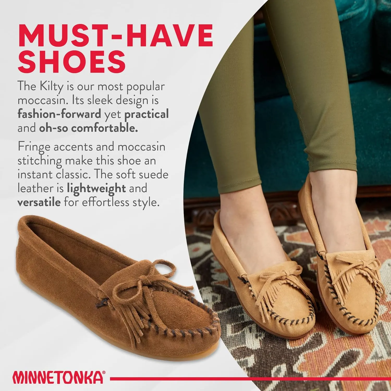 Minnetonka Women's Kilty Suede Hardsole Moccasin