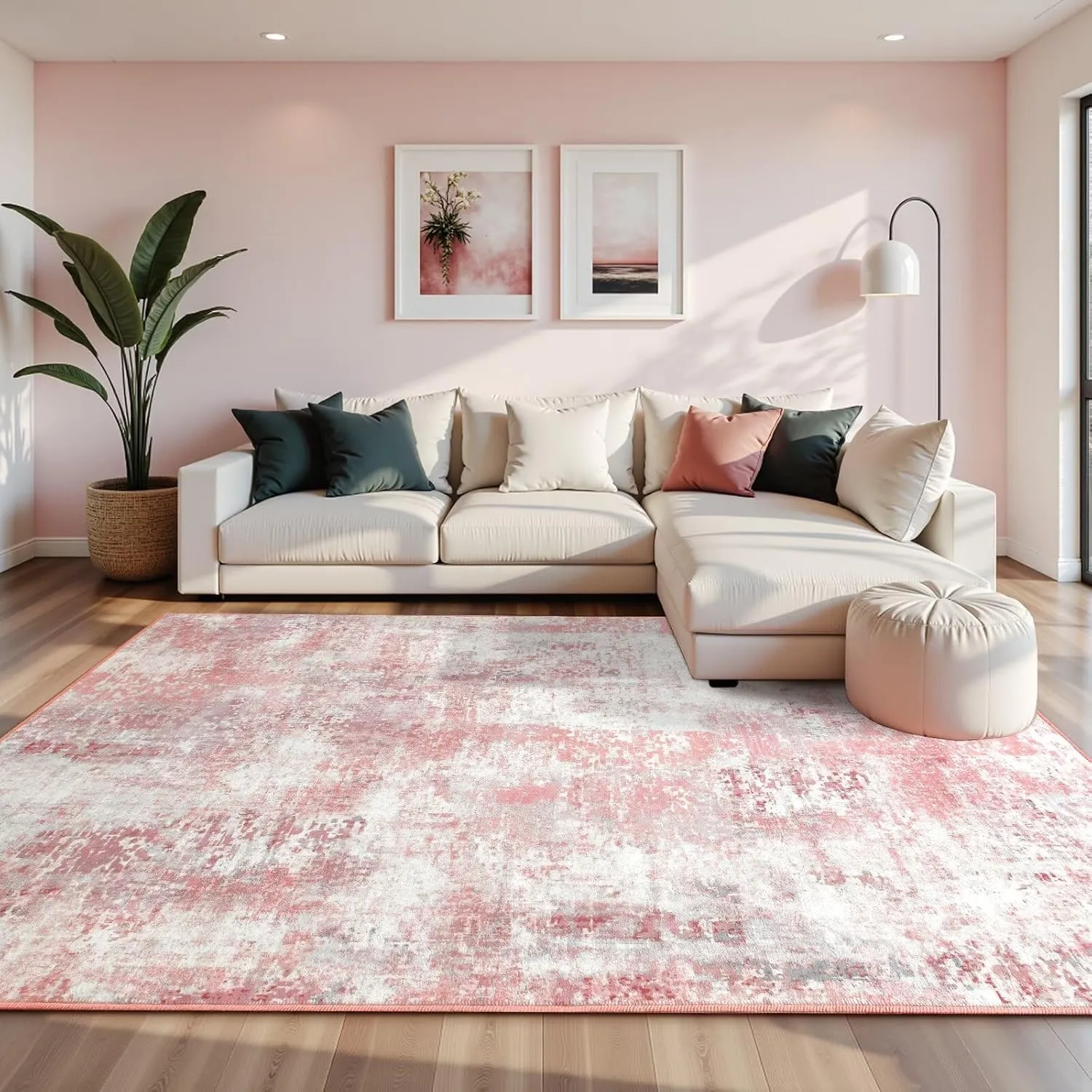 Modern Abstract Rugs for Living Room, 6'x9' Pink Washable Area Rug with Non Slip Backing for Bedroom, Soft Floor Covering Contemporary Carpet for Dining Room Kitchen Home Office