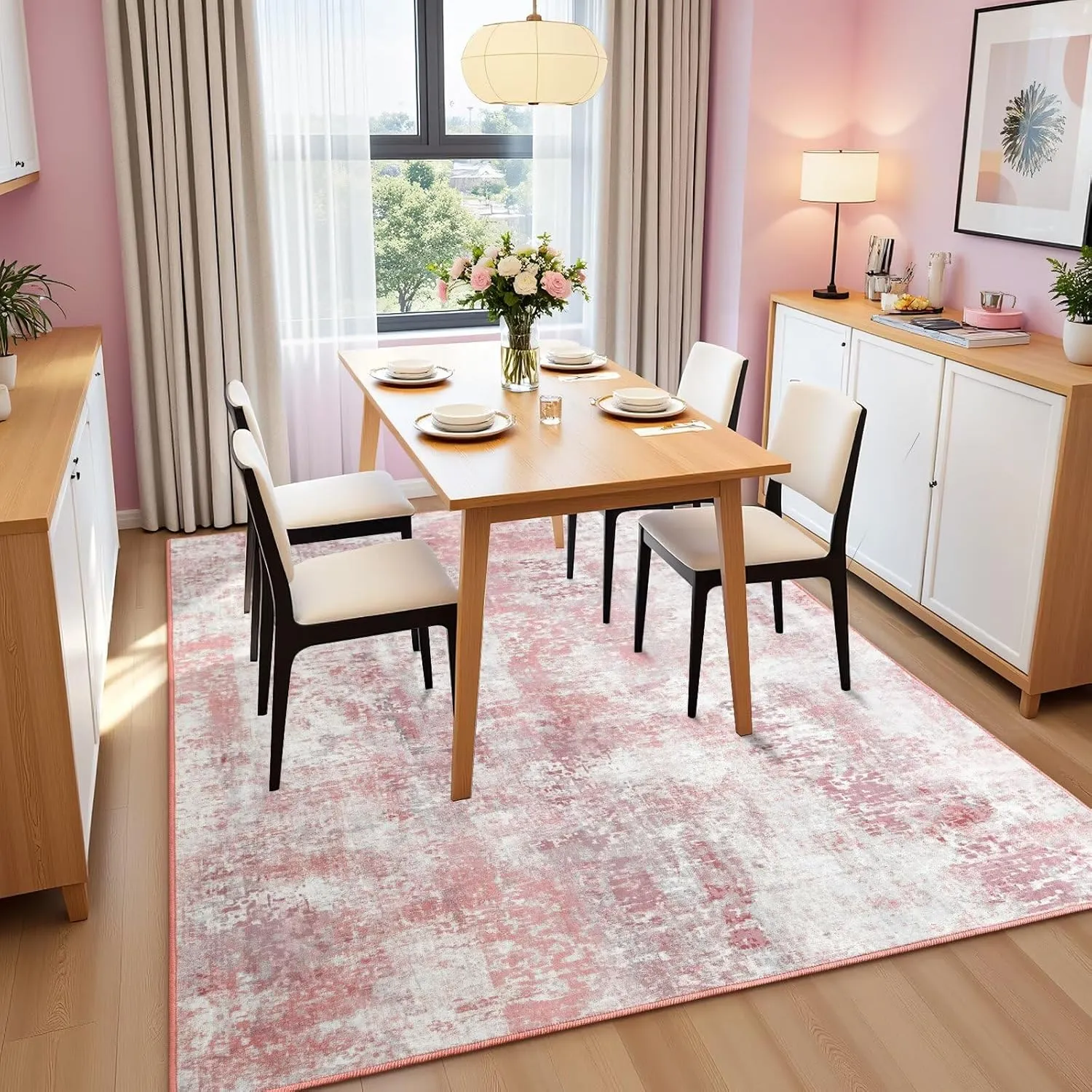 Modern Abstract Rugs for Living Room, 6'x9' Pink Washable Area Rug with Non Slip Backing for Bedroom, Soft Floor Covering Contemporary Carpet for Dining Room Kitchen Home Office