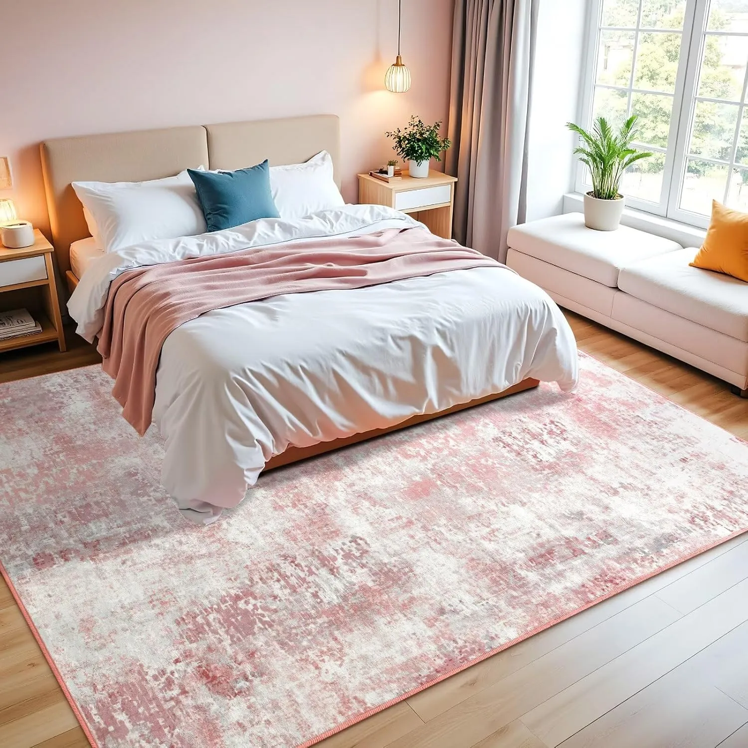 Modern Abstract Rugs for Living Room, 6'x9' Pink Washable Area Rug with Non Slip Backing for Bedroom, Soft Floor Covering Contemporary Carpet for Dining Room Kitchen Home Office