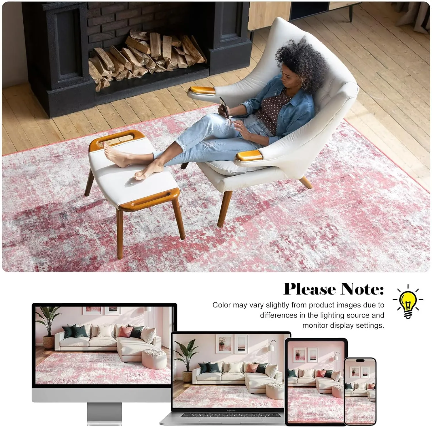 Modern Abstract Rugs for Living Room, 6'x9' Pink Washable Area Rug with Non Slip Backing for Bedroom, Soft Floor Covering Contemporary Carpet for Dining Room Kitchen Home Office