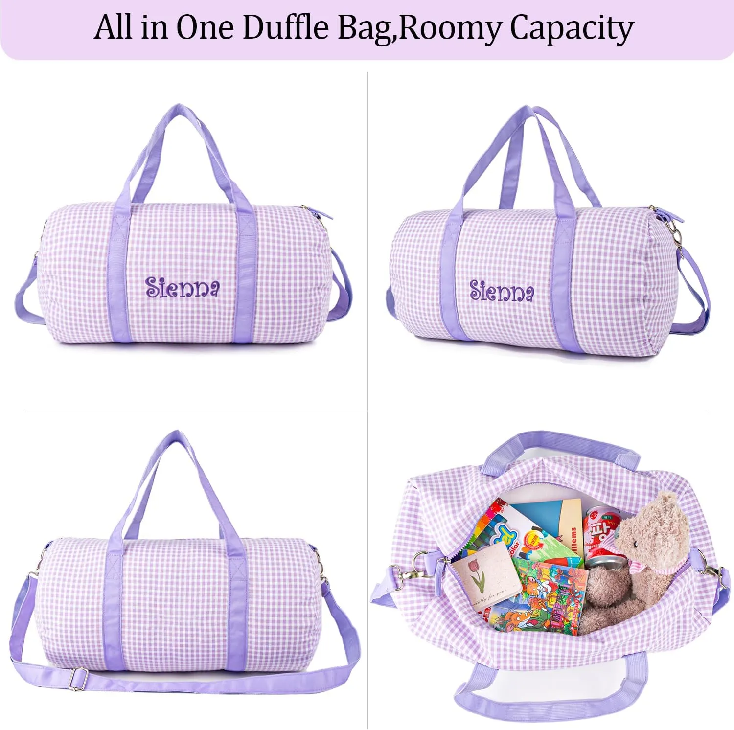 MT WORLD Dance Bag for Girls Personalized Kids Duffle Bags with Name Monogram Seersucker Toddler Overnight Bag Travel Weekender Sleepover Bag with Removable Strap Custom Child Gift (Purple)