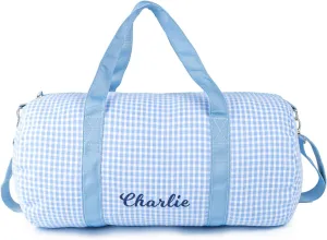 MT WORLD Kids Overnight Duffel Bag Personalized Duffle Bag for Baby Custom Seersucker Toddler Overnight Bag with Name Lightweight Weekender Sleepover Bag with Removable Strap Custom Child Gift (Blue)