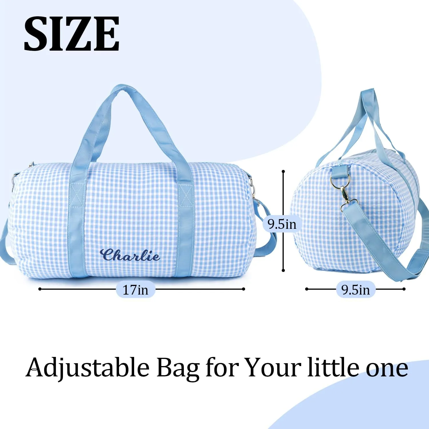 MT WORLD Kids Overnight Duffel Bag Personalized Duffle Bag for Baby Custom Seersucker Toddler Overnight Bag with Name Lightweight Weekender Sleepover Bag with Removable Strap Custom Child Gift (Blue)