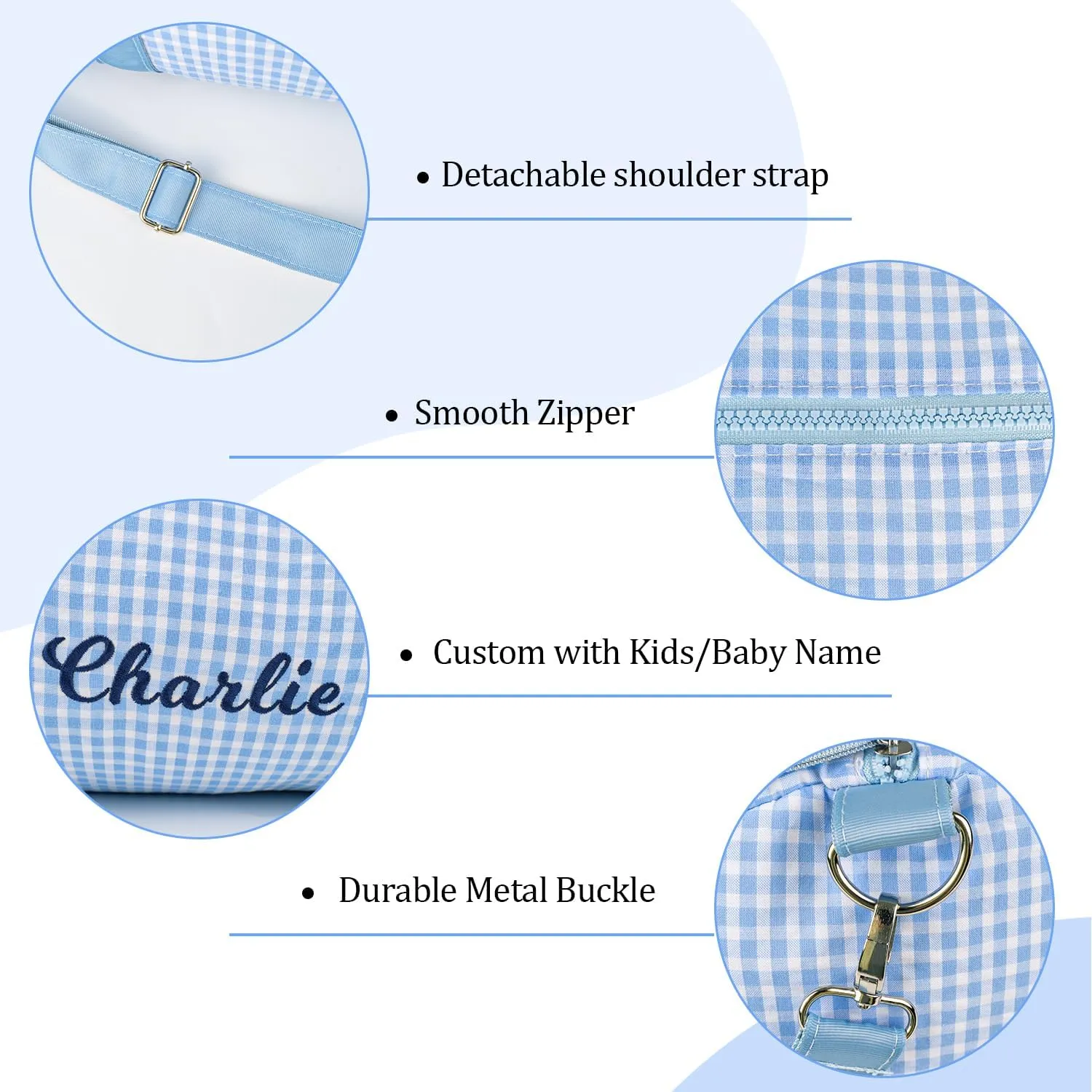 MT WORLD Kids Overnight Duffel Bag Personalized Duffle Bag for Baby Custom Seersucker Toddler Overnight Bag with Name Lightweight Weekender Sleepover Bag with Removable Strap Custom Child Gift (Blue)