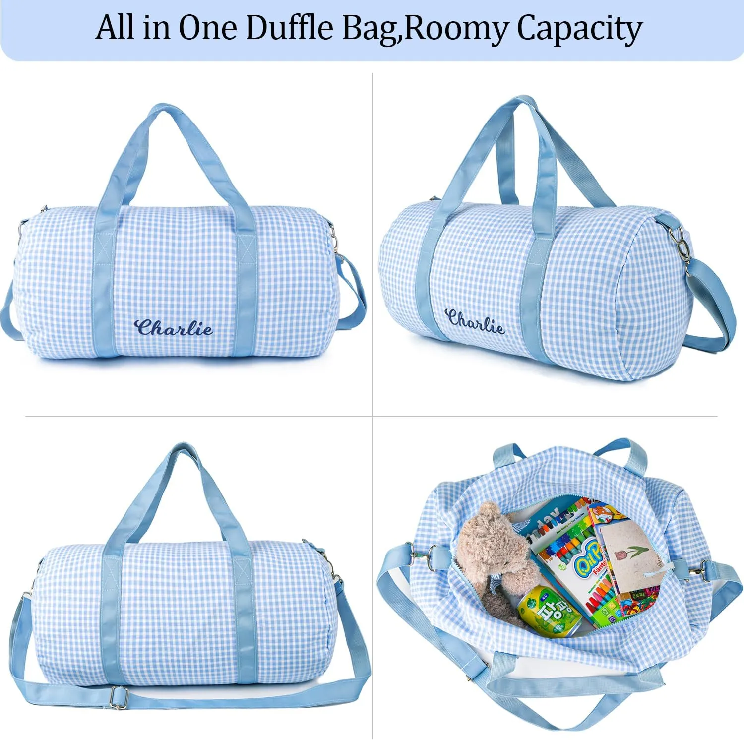 MT WORLD Kids Overnight Duffel Bag Personalized Duffle Bag for Baby Custom Seersucker Toddler Overnight Bag with Name Lightweight Weekender Sleepover Bag with Removable Strap Custom Child Gift (Blue)