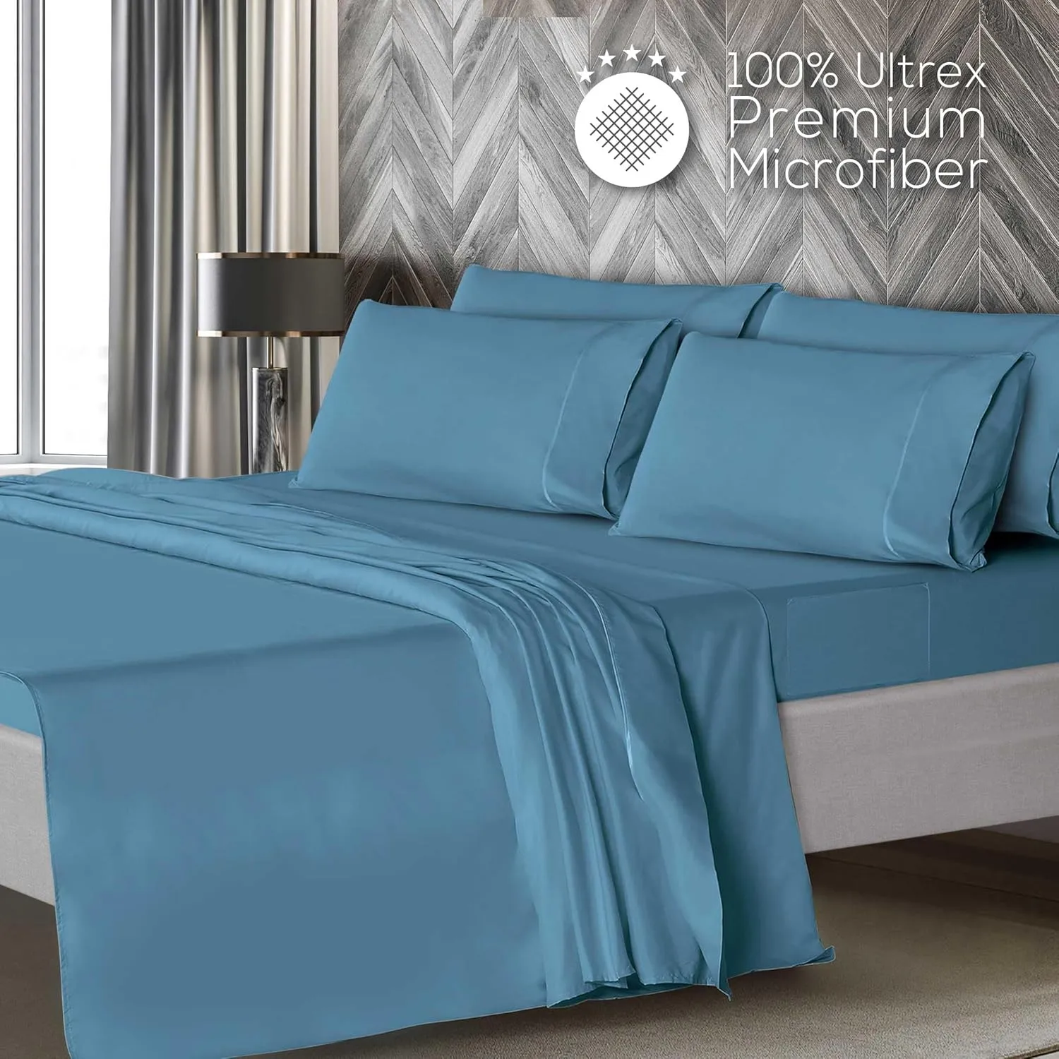Mueller Ultratemp King Size Sheets Set, Super Soft 1800, 6 Piece, Deep Pocket up to 16" Cooling Sheets King Size, Transfers Heat, Breathes Better, Hypoallergenic, Wrinkle, Denim