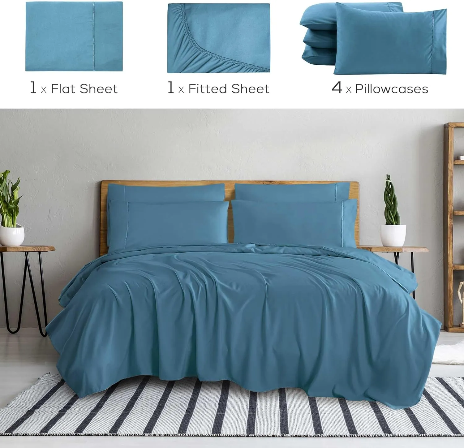 Mueller Ultratemp King Size Sheets Set, Super Soft 1800, 6 Piece, Deep Pocket up to 16" Cooling Sheets King Size, Transfers Heat, Breathes Better, Hypoallergenic, Wrinkle, Denim