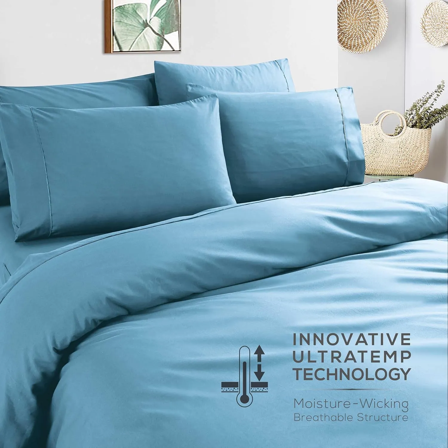 Mueller Ultratemp King Size Sheets Set, Super Soft 1800, 6 Piece, Deep Pocket up to 16" Cooling Sheets King Size, Transfers Heat, Breathes Better, Hypoallergenic, Wrinkle, Denim