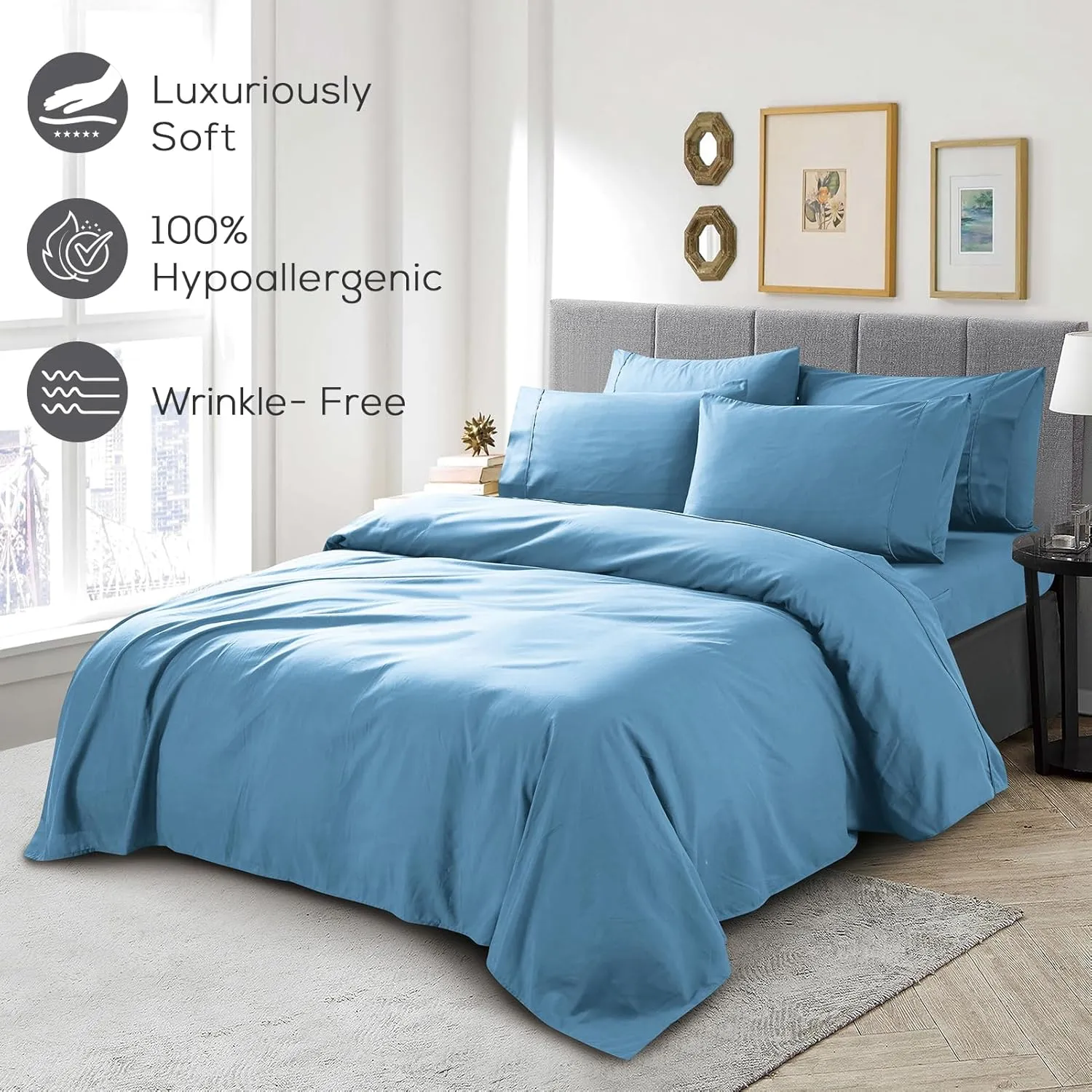 Mueller Ultratemp King Size Sheets Set, Super Soft 1800, 6 Piece, Deep Pocket up to 16" Cooling Sheets King Size, Transfers Heat, Breathes Better, Hypoallergenic, Wrinkle, Denim