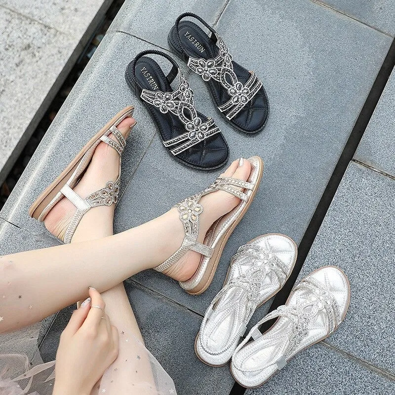 OCW Crystal Sandals For Women Flat Summer Casual Rhinestone Floral