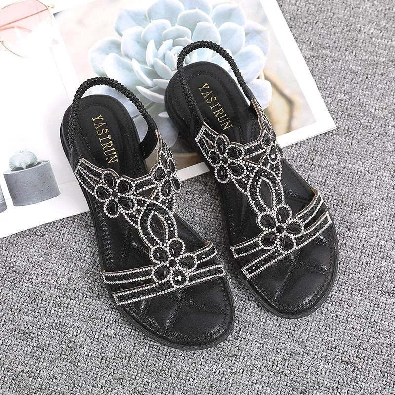 OCW Crystal Sandals For Women Flat Summer Casual Rhinestone Floral