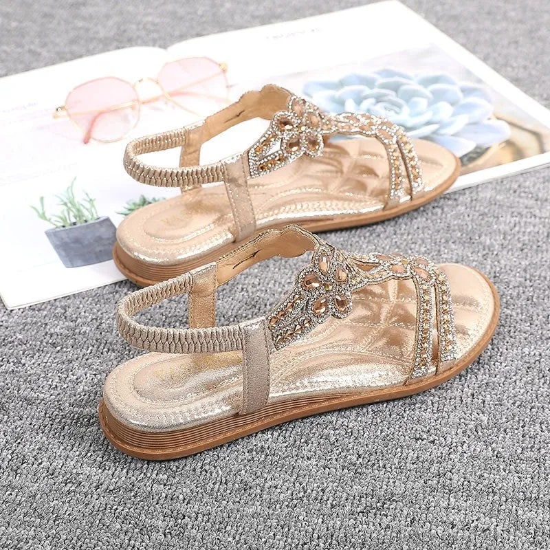 OCW Crystal Sandals For Women Flat Summer Casual Rhinestone Floral