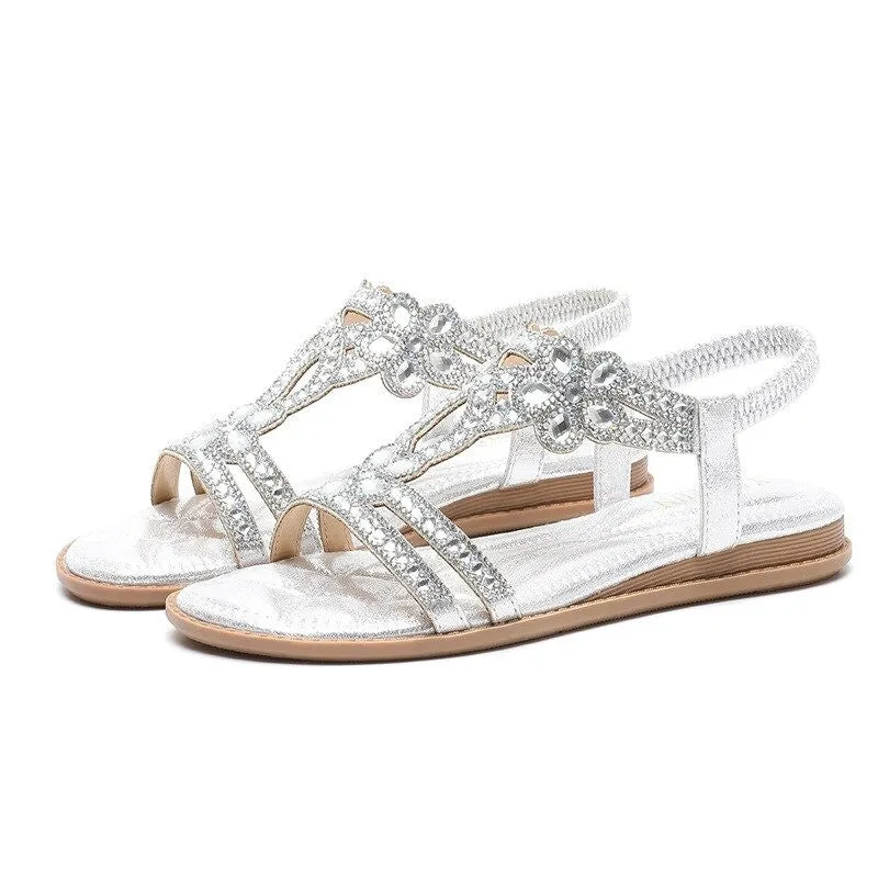 OCW Crystal Sandals For Women Flat Summer Casual Rhinestone Floral