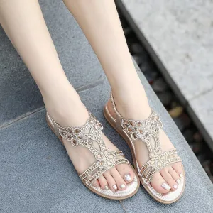 OCW Crystal Sandals For Women Flat Summer Casual Rhinestone Floral