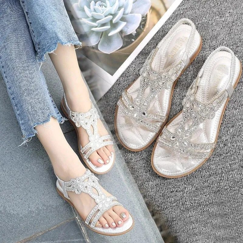 OCW Crystal Sandals For Women Flat Summer Casual Rhinestone Floral