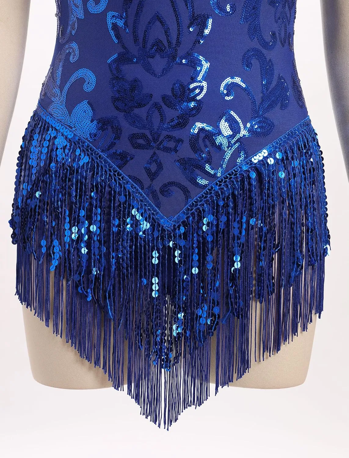 ODASDO Women Sparkly Sequin Fringe Bodysuit Tassel Leotard Backless Cami Straps Latin Jazz Samba Dance Party Costume