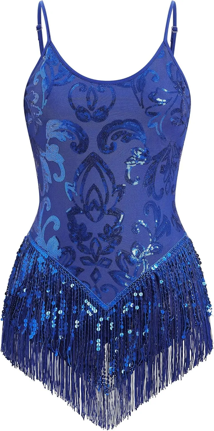 ODASDO Women Sparkly Sequin Fringe Bodysuit Tassel Leotard Backless Cami Straps Latin Jazz Samba Dance Party Costume