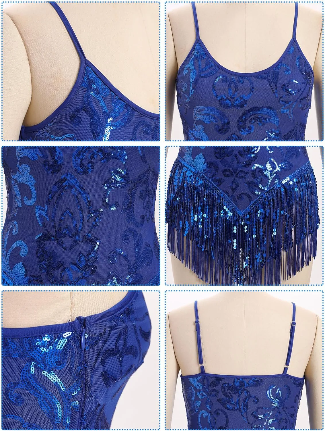 ODASDO Women Sparkly Sequin Fringe Bodysuit Tassel Leotard Backless Cami Straps Latin Jazz Samba Dance Party Costume