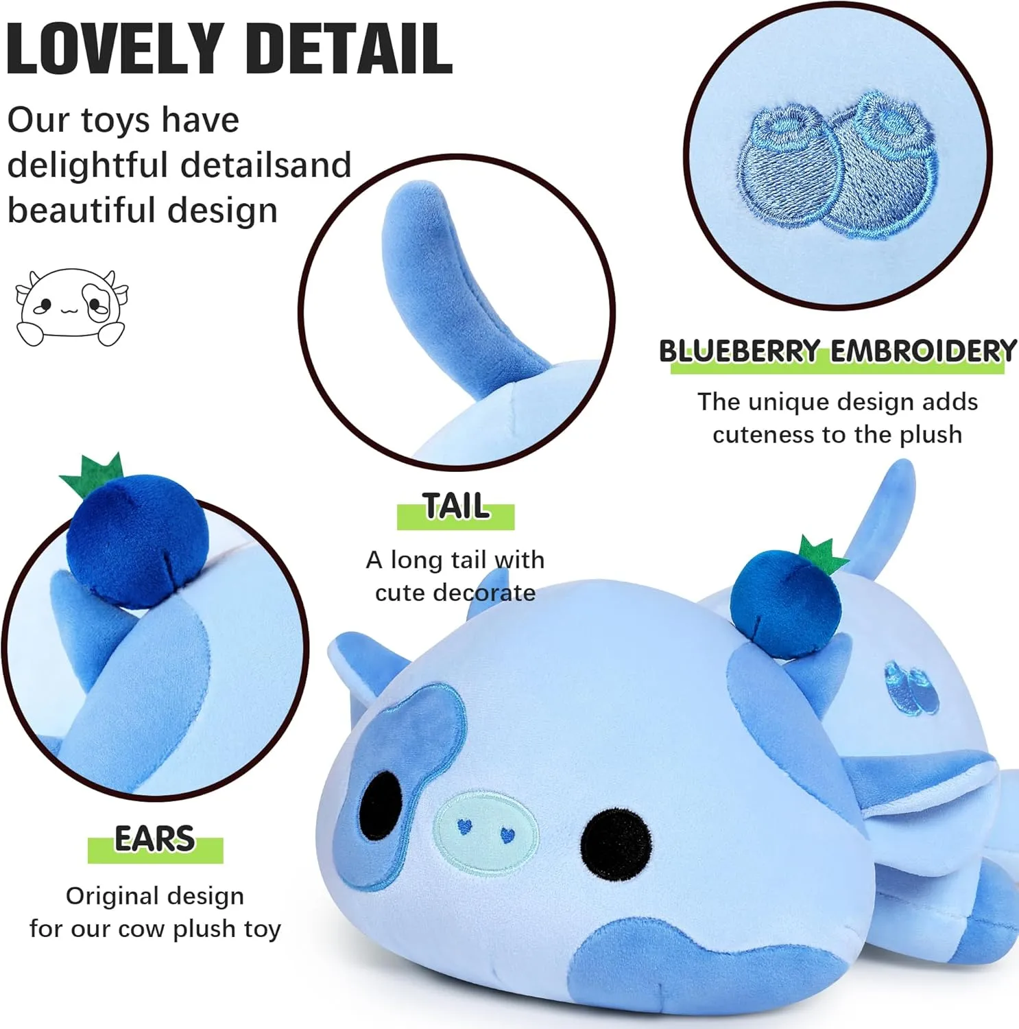 Onsoyours Cute Cow Plushie, Soft Stuffed Blueberry Cow Squishy Plush Animal Toy Pillow for Kids (Blueberry Cow, 12")