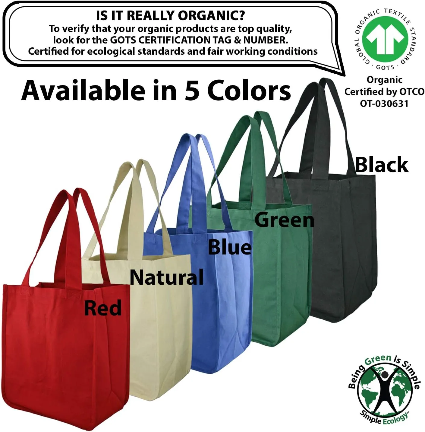 Organic Cotton Deluxe Reusable Grocery Shopping Bag; Bottle Sleeves, Rigid Bottom Support (UPDATED DESIGN)