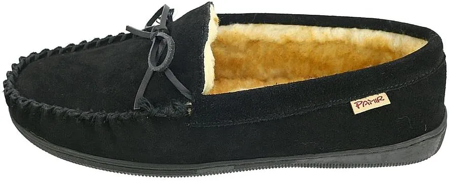 PAMIR Men's Genuine suede Faux Fur Lined Slip on Moccasin Slippers Indoor Outdoor