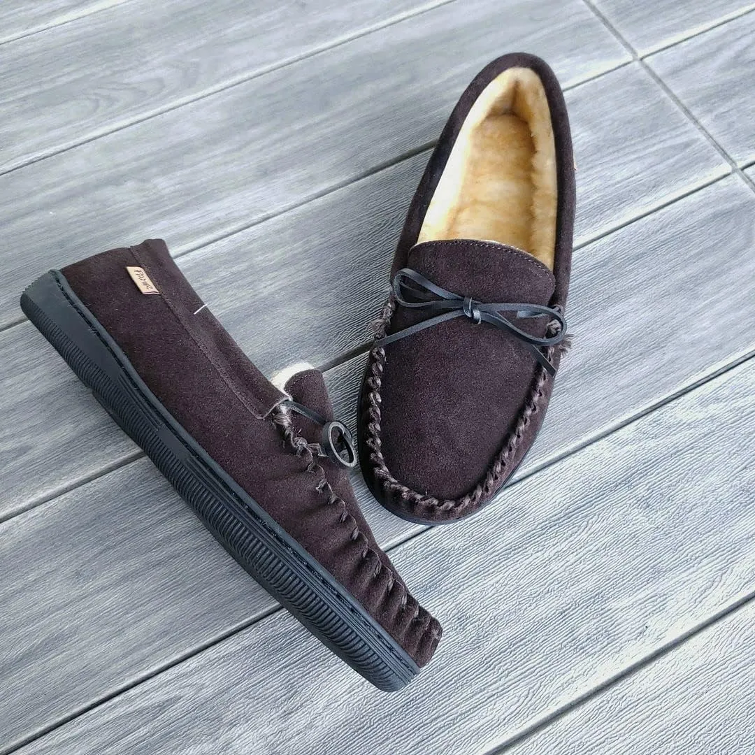 PAMIR Men's Genuine suede Faux Fur Lined Slip on Moccasin Slippers Indoor Outdoor