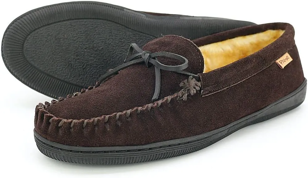 PAMIR Men's Genuine suede Faux Fur Lined Slip on Moccasin Slippers Indoor Outdoor