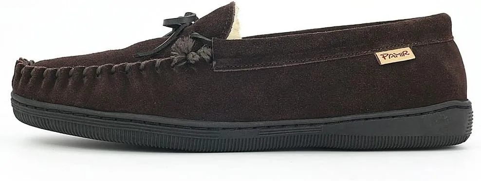 PAMIR Men's Genuine suede Faux Fur Lined Slip on Moccasin Slippers Indoor Outdoor