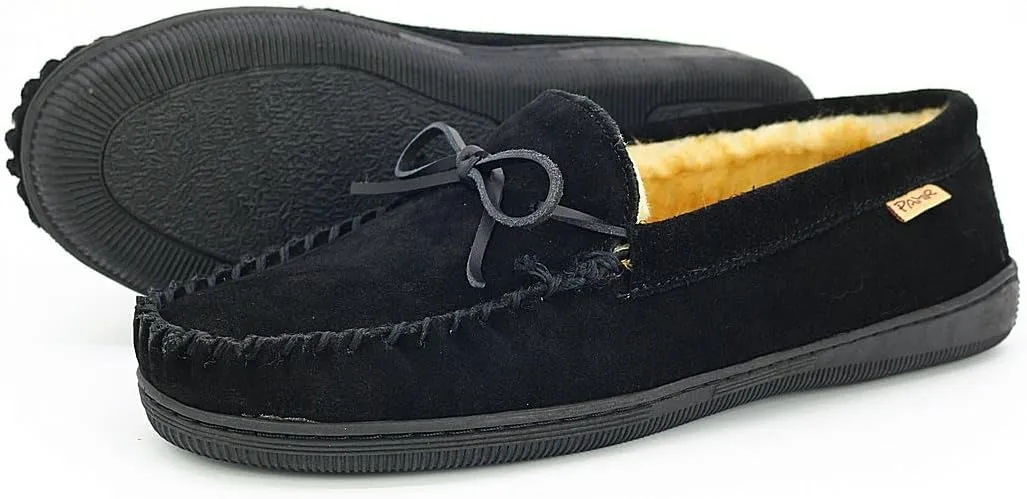 PAMIR Men's Genuine suede Faux Fur Lined Slip on Moccasin Slippers Indoor Outdoor