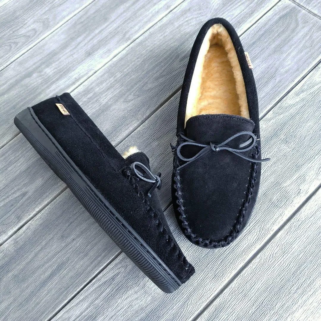 PAMIR Men's Genuine suede Faux Fur Lined Slip on Moccasin Slippers Indoor Outdoor
