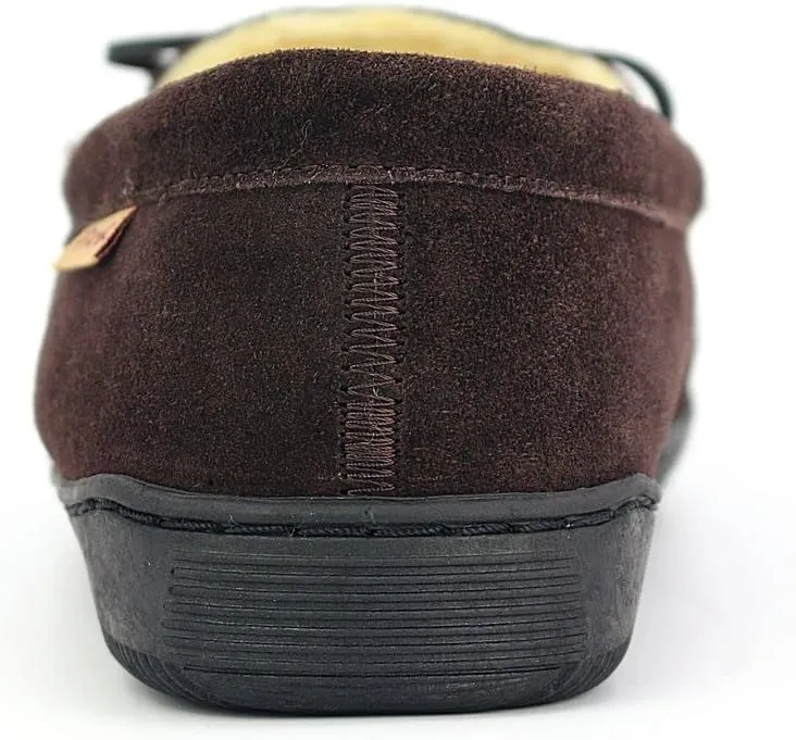PAMIR Men's Genuine suede Faux Fur Lined Slip on Moccasin Slippers Indoor Outdoor