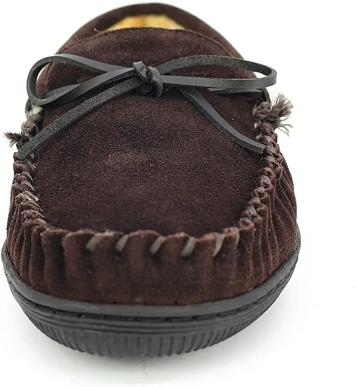 PAMIR Men's Genuine suede Faux Fur Lined Slip on Moccasin Slippers Indoor Outdoor