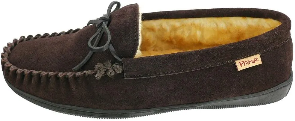 PAMIR Men's Genuine suede Faux Fur Lined Slip on Moccasin Slippers Indoor Outdoor