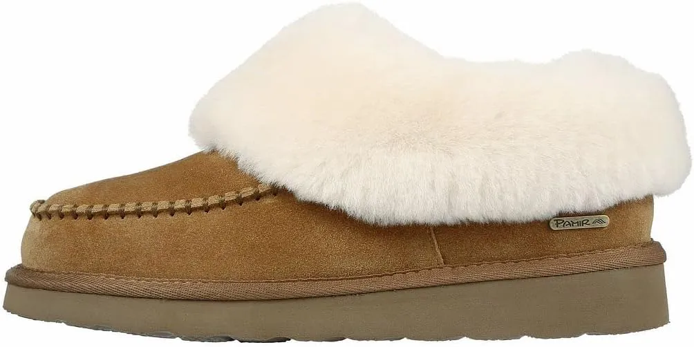 PAMIR Women's Genuine Suede Shearling Ankle Moccasin Bootie Slippers Memory Foam Indoor Outdoor