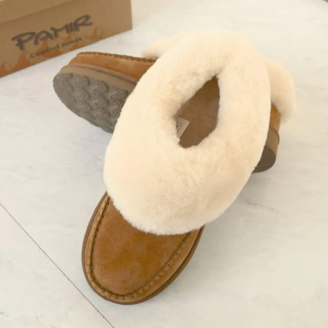PAMIR Women's Genuine Suede Shearling Ankle Moccasin Bootie Slippers Memory Foam Indoor Outdoor
