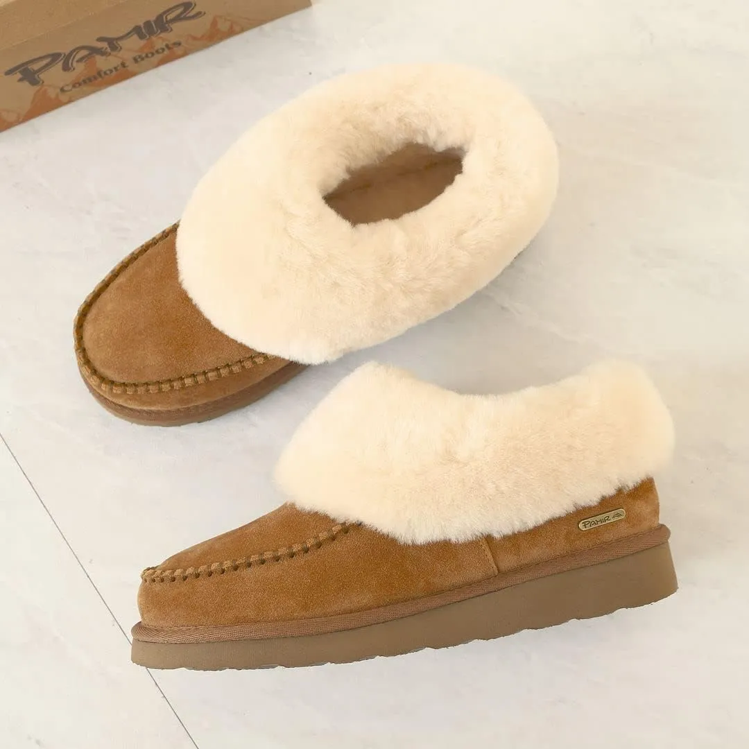 PAMIR Women's Genuine Suede Shearling Ankle Moccasin Bootie Slippers Memory Foam Indoor Outdoor