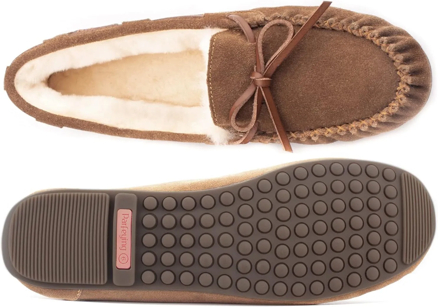 Parfeying Women's Sheepskin Moccasins Cow Suede Memory Foam Slippers Indoor Outdoor Shearling Winter Shoes