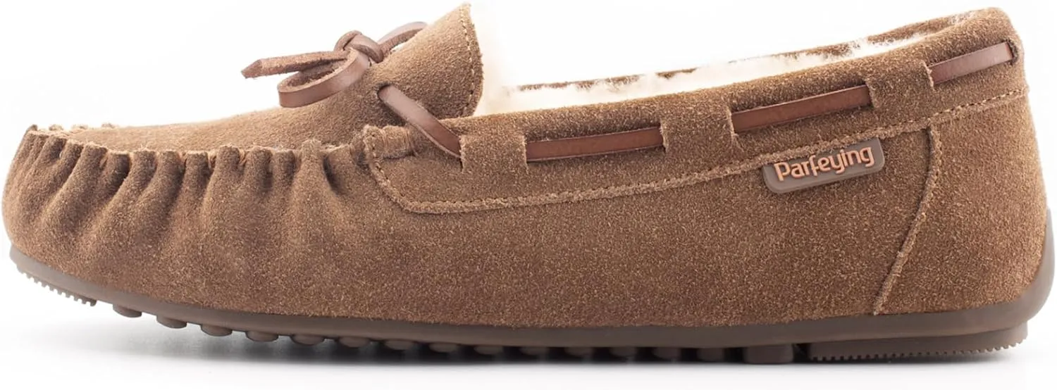 Parfeying Women's Sheepskin Moccasins Cow Suede Memory Foam Slippers Indoor Outdoor Shearling Winter Shoes