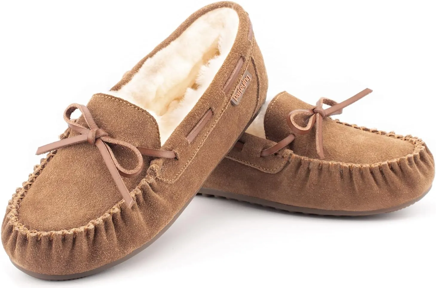 Parfeying Women's Sheepskin Moccasins Cow Suede Memory Foam Slippers Indoor Outdoor Shearling Winter Shoes