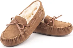 Parfeying Women's Sheepskin Moccasins Cow Suede Memory Foam Slippers Indoor Outdoor Shearling Winter Shoes